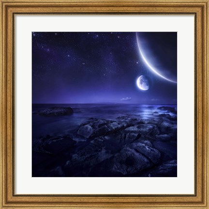 Framed Nearby planets hover over the ocean on this world at night Print