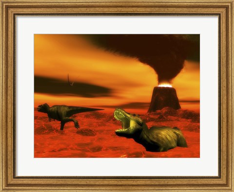 Framed Tyrannosaurus Rex dinosaurs struggle to survive from a volcanic eruption Print