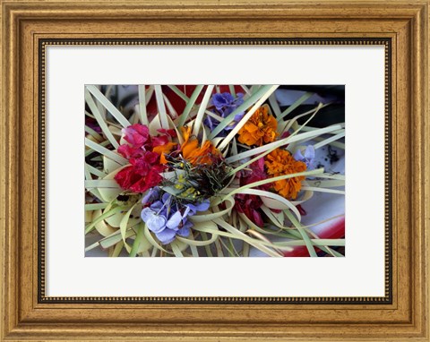 Framed Flowers and Palm Ornaments, Offerings for Hindu Gods at Temple Ceremonies, Bali, Indonesia Print