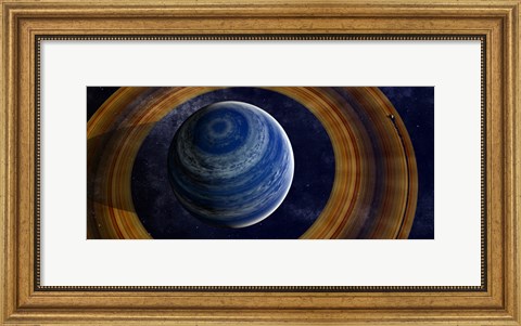 Framed ringed blue gas giant with shepherd moon in the rings Print