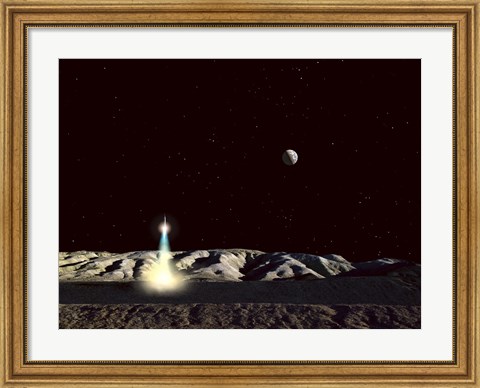 Framed Moonship Lifts Off from the Lunar Hills Print