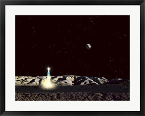 Framed Moonship Lifts Off from the Lunar Hills Print