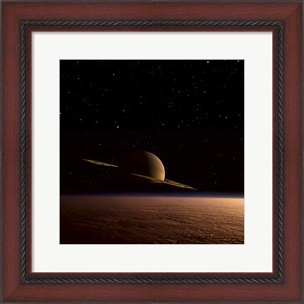 Framed Saturn Floats in the Background Above Titan Print