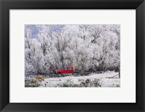 Framed Four Wheel Drive and Hoar Frost, Sutton, Otago, South Island, New Zealand Print