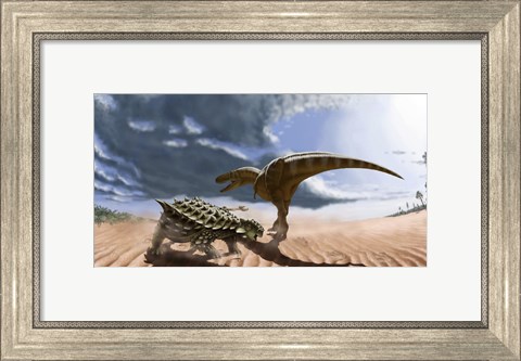 Framed Tarbosaurus dinosaur and an armored Saichania ankylosaurid Print