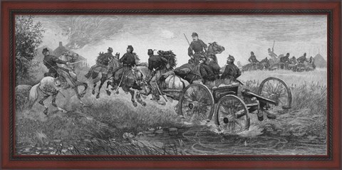 Framed Vintage Civil War print of a team of horses pulling a cannon into battle Print