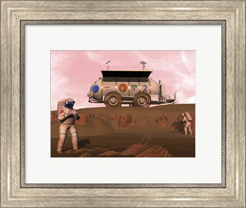 Framed Illustration of Astronauts Examining an Outcrop of Sedimentary Rock on a Martian Dune Field Print