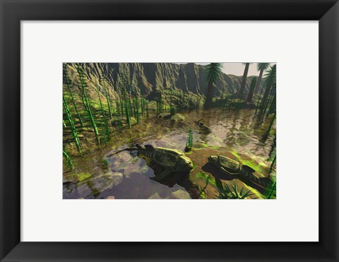Framed Several Bothriolepis Emerge from a Shallow Tributary onto Dry Land Print