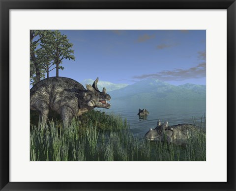 Framed Three Estemmenosuchus Mirabilis Face off in a Paleozoic Lake Print