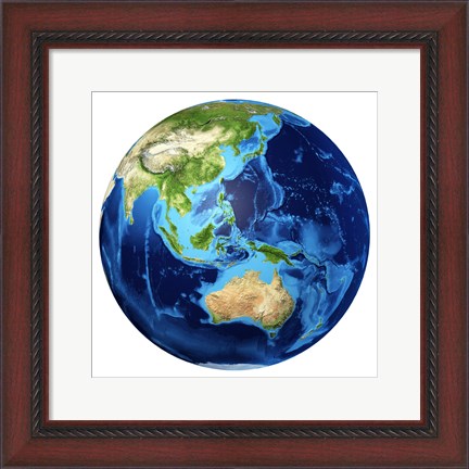 Framed 3D Rendering of planet Earth with Clouds, Oceania View Print