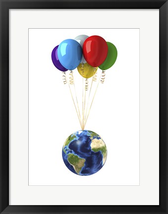 Framed Planet Earth Lifted by a Bunch of Flying Multicolored Balloons Print