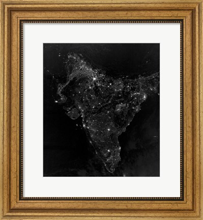 Framed Satellite View of City, Village, and Highway Lights in India Print