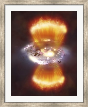 Framed Artist Concept of a Galaxy inside of a Glowing Hydrogen Blob Print