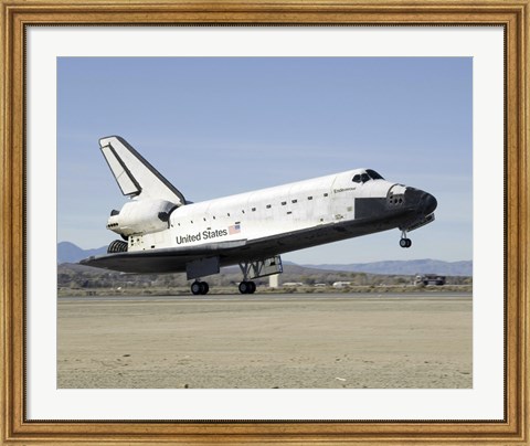 Framed Space Shuttle Endeavour&#39;s Main Landing Gear Touches Down on the Runway Print