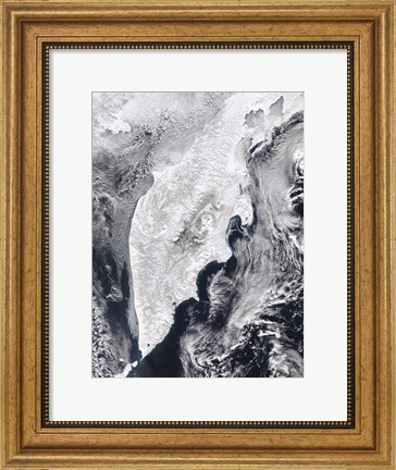 Framed Satellite view of Kamchatka Peninsula, Eastern Russia Print