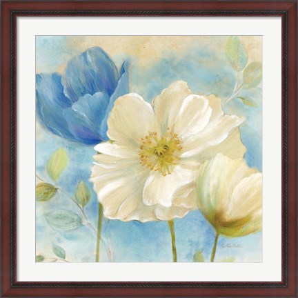 Framed Watercolor Poppies II (Blue/White) Print