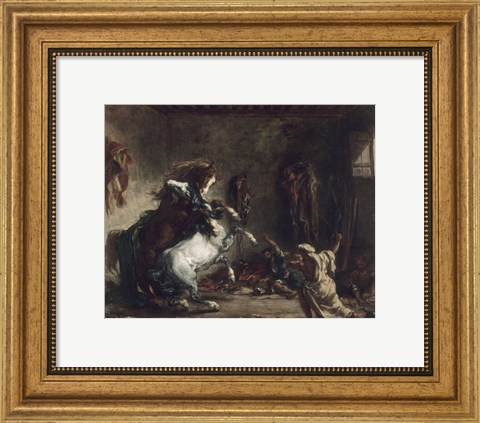 Framed Arab Horses Fighting in a Stable, 1860 Print