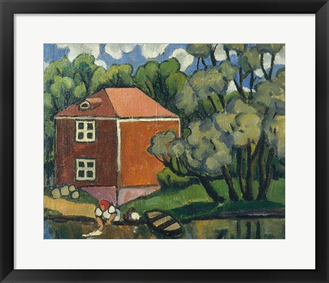 Framed Landscape With Red House And Woman Washing, 1908 Print