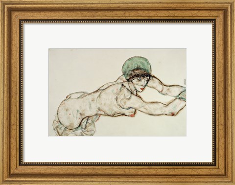 Framed Reclining Female Nude with Green Cap, Leaning to the Right, 1914 Print