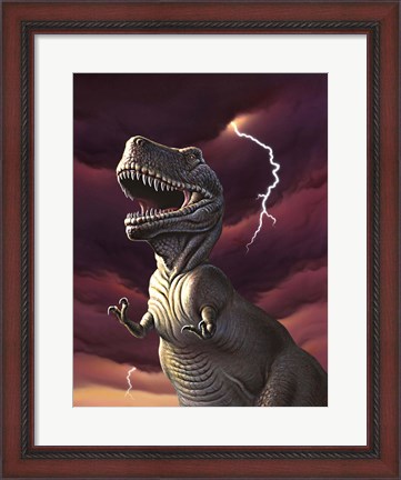 Framed Tyrannosaurus Rex in a Storm Print