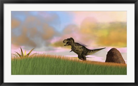 Framed Tyrannosaurus Rex in Grasslands Print