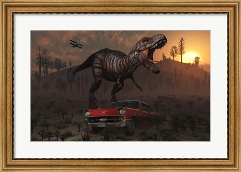 Framed Dinosaur and Classic Car Print