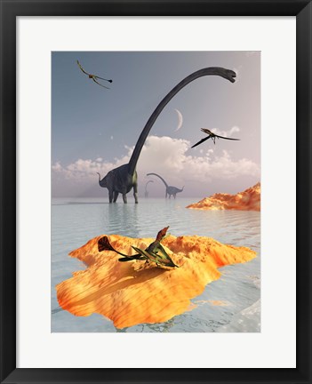 Framed Sauropod Omeisaurs and Flying Eudimorphodons Print