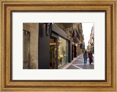 Framed Shopping street in Village of Vilanova i la Geltru, Catalonia, Spain Print