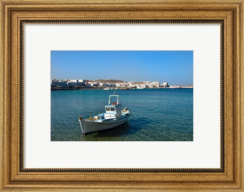 Framed Mykonos, Greece Boat off the island with view of the city behind Print