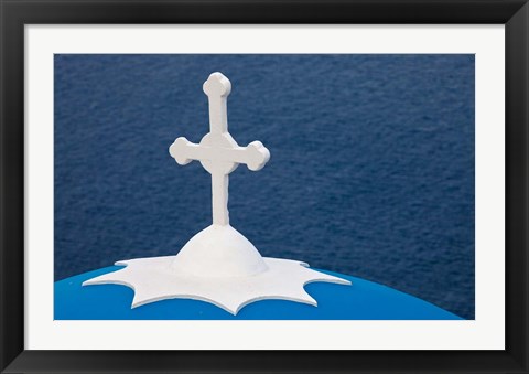 Framed Church with blue dome and white cross in village of Firostefani, Santorini, Greece Print