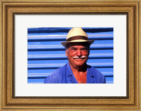 Framed Close Up of Native Man with Blue Wall, Athens, Greece Print