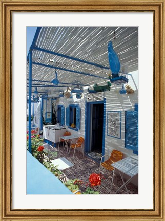 Framed Breakfast Bar with Bird Cages, Thira, Cyclades Islands, Greece Print