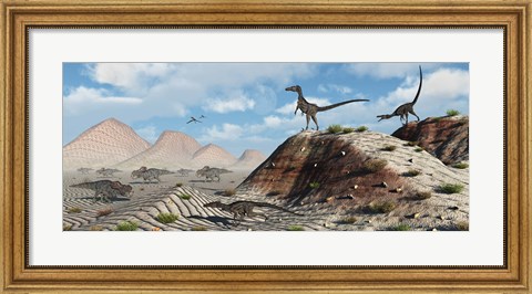 Framed Velociraptors Stalking a Herd of Protoceratops Print