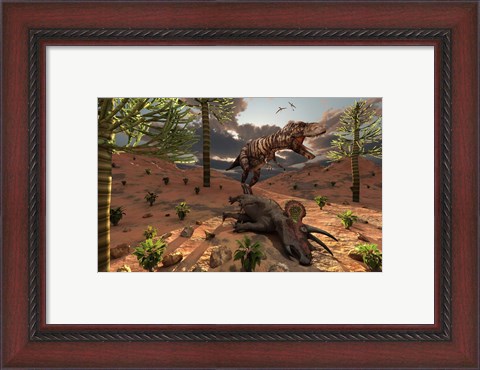 Framed T-Rex comes across the Carcass of a Dead Triceratops Print