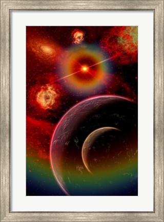 Framed alien planet and it&#39;s moon illuminated by the glow of Nebula gas clouds Print