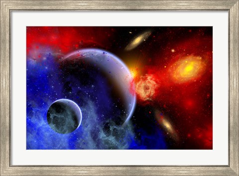 Framed mixture of colorful stars, planets, Nebulae and galaxies Print