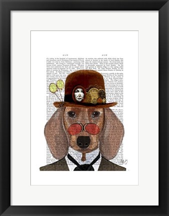 Framed Dachshund with Steampunk Bowler Hat Print