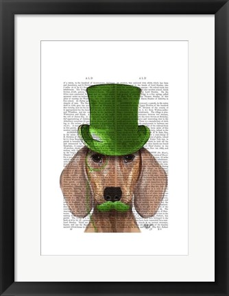 Framed Dachshund With Green Top Hat and Moustache Print