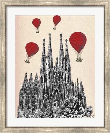 Framed Sagrada Familia and Red Hot Air Balloons Print