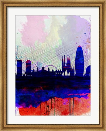 Framed Barcelona Watercolor Skyline 2 Print