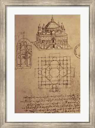 Framed Sketch of a Square Church with Central Dome &amp; Minaret Print