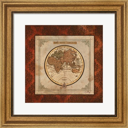 Framed Red Damask Map II Print