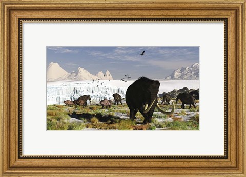 Framed Woolly Mammoths and Woolly Rhinos in a Prehistoric Landscape Print