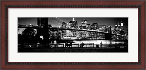 Framed Suspension bridge lit up at dusk, Brooklyn Bridge, Manhattan, NY Print