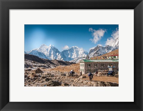 Framed Trekkers and yaks in Lobuche on a trail to Mt Everest Print