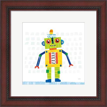 Framed Robot Party IV on Squares Print