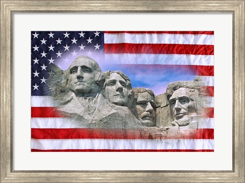 Framed American flag and Mt Rushmore National Monument, South Dakota Print