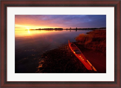 Framed Kayak and Sunrise in Little Harbor in Rye, New Hampshire Print