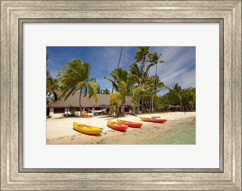 Framed Kayak on the beach, and waterfront bure, Plantation Island Resort, Malolo Lailai Island, Mamanuca Islands, Fiji Print