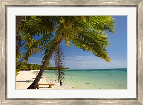 Framed Beach and palm trees, Plantation Island Resort, Mamanuca Islands, Fiji Print